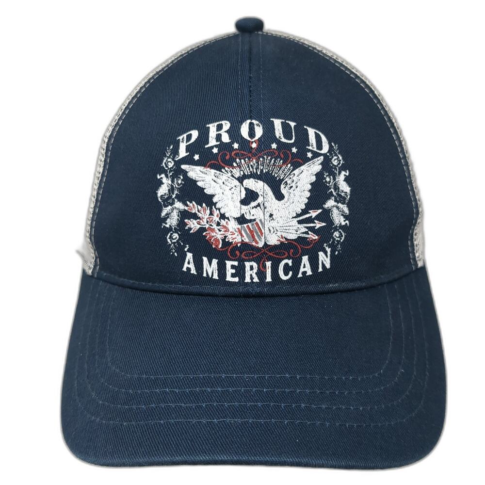 Proud American Strapback Trucker Hat Blue One Size Adjustable Mesh Back Shyanne